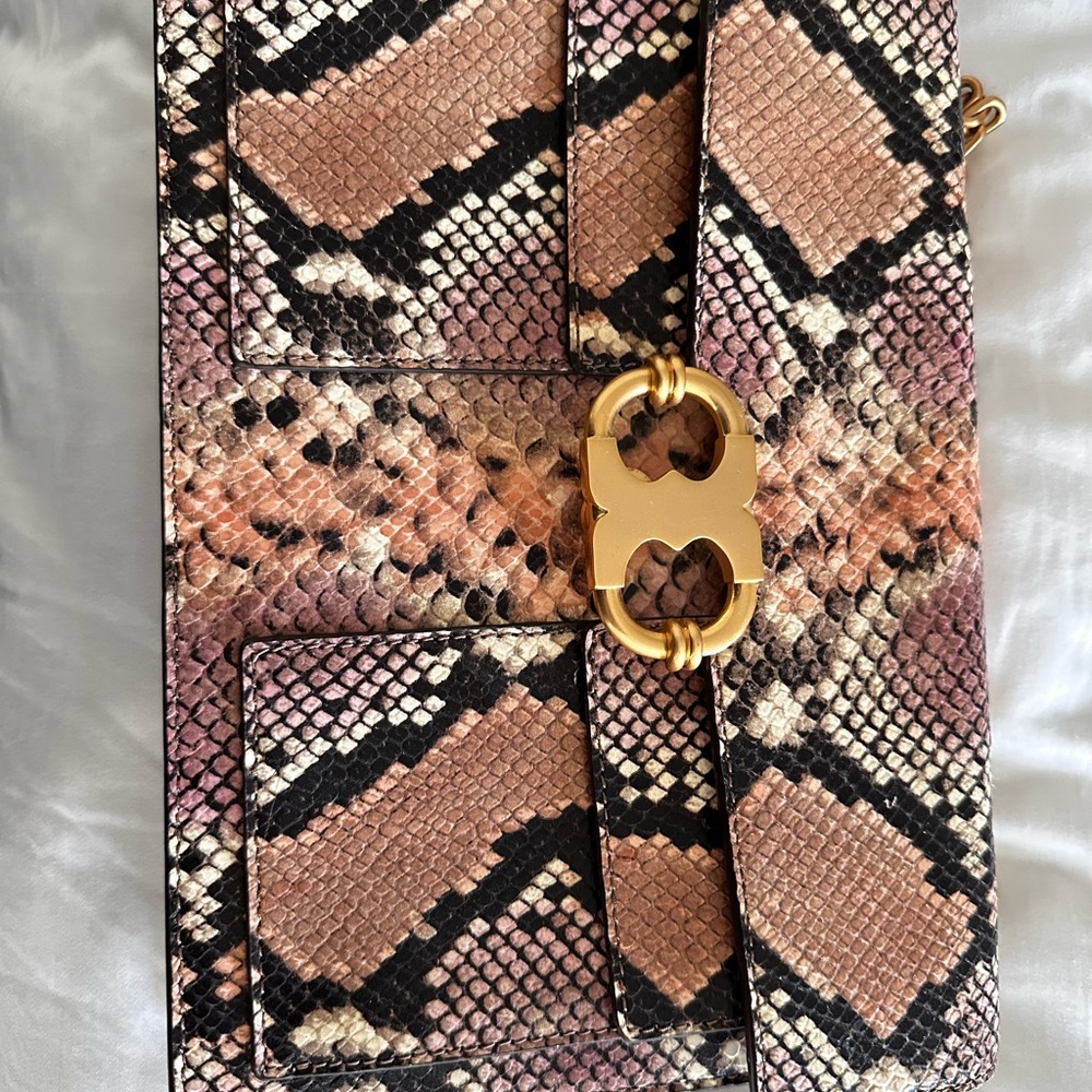 Tory Burch Snake Print Clutch in Brown and Tan